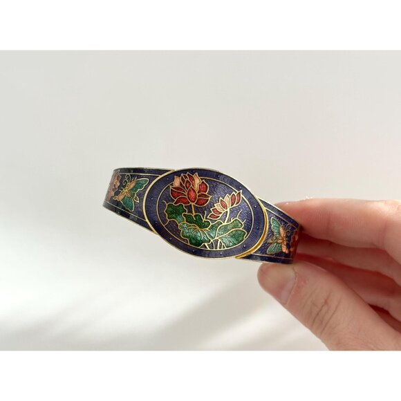 Cloisonne Enamel Floral Gold Toned Chunky Vintage Hinged Bracelet | Bangle - Picture 9 of 16